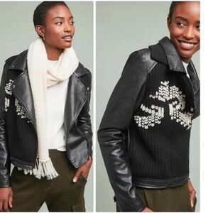 NWT Anthropologie Black Wool sweater Trimmed Faux Leather Moto Jacket Zip up L
